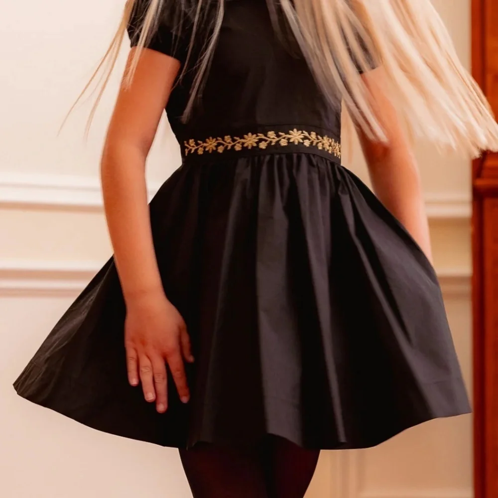 Ivy City Co Mini Murphy Black Dress with Gold Floral Trim, size 11/12